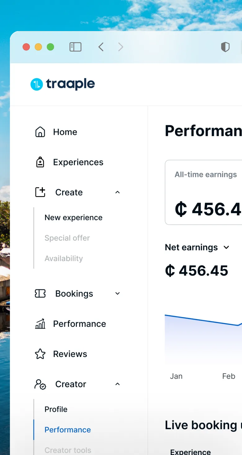 The Traaple supplier dashboard showing earnings, experience views and live booking updates
